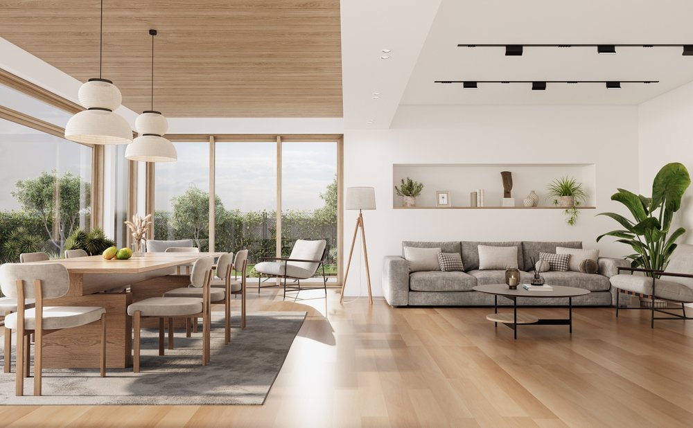 open space living room with large windows