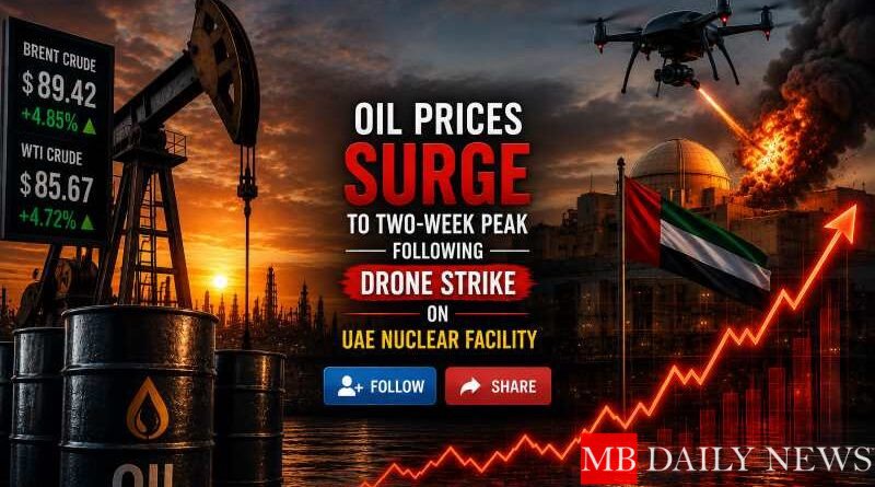 Oil Prices Surge to Two-Week Peak Following Drone Strike on UAE Nuclear Facility