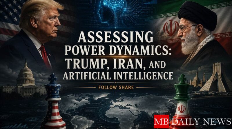genera una imagen: Assessing Power Dynamics: Trump, Iran, and Artificial Intelligence, coloca el titulo en el centro de la imagen, follow share debajo