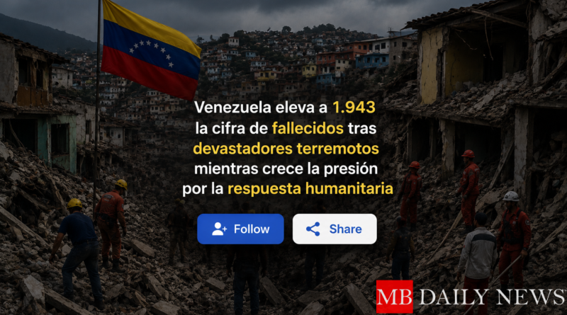 Venezuela eleva a 1.943 la cifra de fallecidos tras devastadores terremotos mientras crece la presión por la respuesta humanitaria