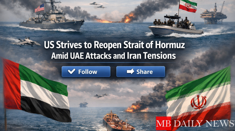 genera una imagen con este tema:US Strives to Reopen Strait of Hormuz Amid UAE Attacks and Iran Tensions, colocalo en el centro de la imagen con un tamaño regular adecuado y bajo de el tema coloca 2 botones desplegables de follow y share