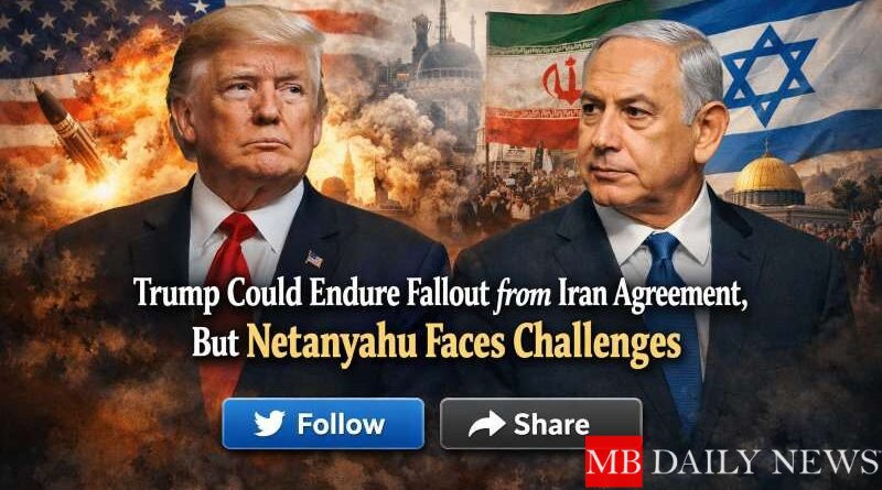 genera una imagen con este tema>Trump Could Endure Fallout from Iran Agreement, But Netanyahu Faces Challenges, colocalo en el centro de la imagen con tamaño adecuado, bajo del tema coloca 2 botones de follow y share