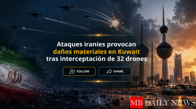 Ataques iraníes provocan daños materiales en Kuwait tras interceptación de 32 drones