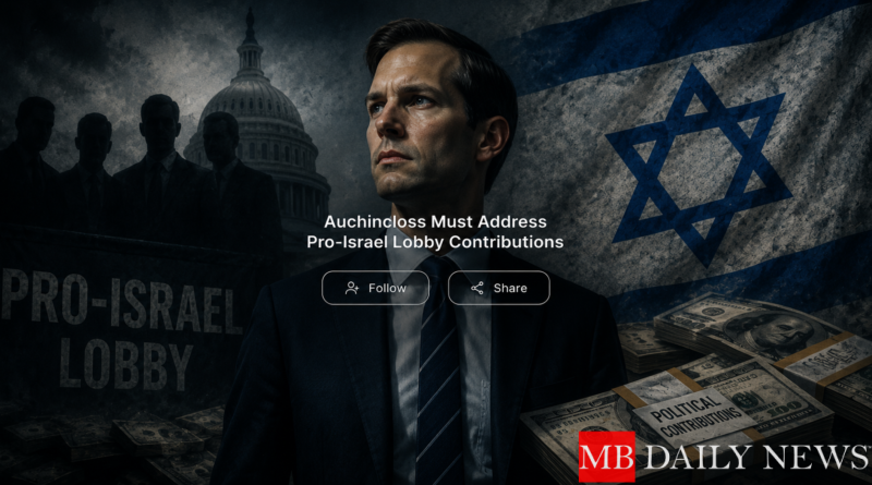 genera una imagen horizontal que trasmita imapcto, para portada de noticia con este tema: Auchincloss Must Address Pro-Israel Lobby Contributions, coloca el tema y 2 botones de follow y share en el centro de la imagen con un tamaño de letra no tan grande pero legible